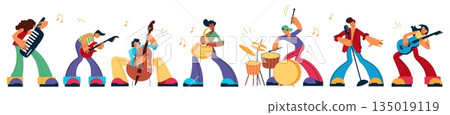 Music band. People play on guitar and drums. Jazz festival. Rock concert. Rocker musical instruments. Man with violoncello. Woman saxophonist. Vector cartoon orchestra characters set Music band. People play on guitar and drums. Jazz festival. Rock concert. Rocker musical instruments. Man with violoncello. Woman saxophonist. Vector cartoon orchestra characters set 135019119