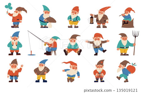 Cartoon gnomes set. Cute dwarves in different poses. Fairy tale mythology senior men characters with white beard, Garden decorative elements. Fantasy old men. Vector cartoon flat illustration 135019121