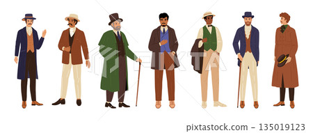 Victorian man. Vintage rich 19th gentleman character, aristocrat in cane, hat and dandy male traditional costume. Mustache and beard. Vector cartoon flat isolated illustration set Victorian man. Vintage rich 19th gentleman character, aristocrat in cane, hat and dandy male traditional costume. Mustache and beard. Vector cartoon flat isolated illustration set 135019123