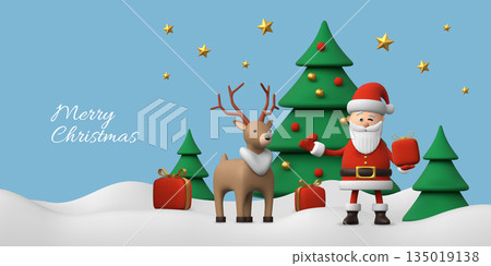 3d winter background. Santa Claus and cute deer. Snow gift present, cute funny character for season party poster, snowflake invitation with fir trees. Festive render cartoon vector design 3d winter background. Santa Claus and cute deer. Snow gift present, cute funny character for season party poster, snowflake invitation with fir trees. Festive render cartoon vector design 135019138