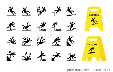 Fall icons. Caution accident, slip work trip or staircase yellow safety sign. Wet floor down, slippery person hazard. Black silhouettes. Warning labels. Vector isolated symbols 135019143