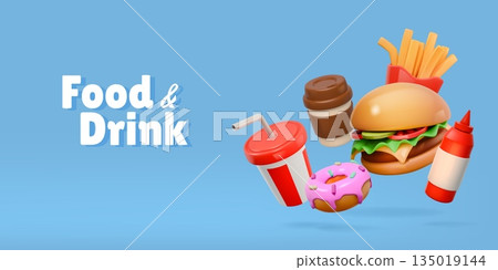 Fast food render. 3d burger, drink and hamburger restaurant fastfood as hot dog, coffee and donut, dinner or lunch menu. Banner design. Vector cartoon glossy isolated illustration 135019144