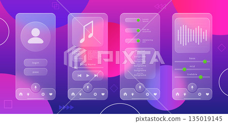 UX UI design. App glass morphism interface. Transparent web button for phone page. Frosted smartphone screen. Gradient matte display. Music application panel. Vector mobile templates set 135019145