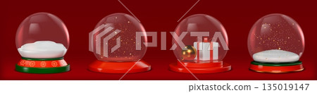 3d snow ball set. Glass new year globe, merry xmas holiday decoration. Happy christmas winter crystal, transparent render sphere, stars glitter, wrapped giftbox. Vector realistic elements 135019147