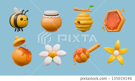 3d honey. Bee hive, flower and jar cute glossy render food, comb and beehive with honeycomb. Cute healthy nectar. Daisy honeybee, pot with dripping liquid vector isolated apiary product set 135019148