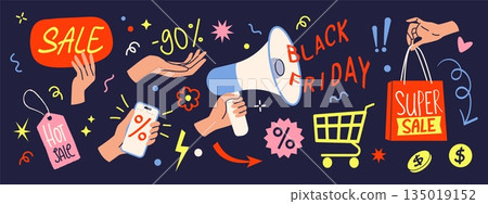 Black Friday advertising. Hands hold shop paper bag. Business gift. Modern marketing promotion. Discount coupon. Sale announce with megaphone. Online shopping ad. Vector elements set 135019152