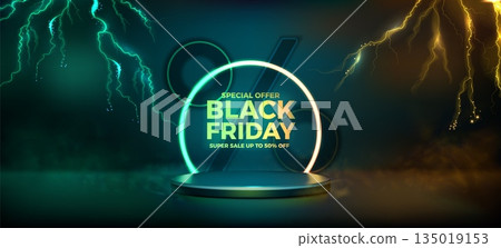 Black friday sale. Neon lighting special offer, 3d flash light energy or discount with gradient podium. Advertising template. Stand for products, studio showcase. Vector background Black friday sale. Neon lighting special offer, 3d flash light energy or discount with gradient podium. Advertising template. Stand for products, studio showcase. Vector background 135019153