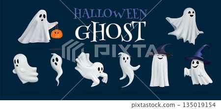 3D Halloween characters. Ghost monster comic emoji. Evil emoticons for scary party. Spooky ghostly spirit flying. Autumn holiday. Happy or sad face emotion expression. Vector render set 3D Halloween characters. Ghost monster comic emoji. Evil emoticons for scary party. Spooky ghostly spirit flying. Autumn holiday. Happy or sad face emotion expression. Vector render set 135019154
