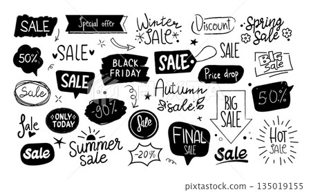 Doodle sale elements. Free chalk hand drawn handmade label, sketch price text or offer banner design. Percentage number, advertisement isolated scribble bubbles. Vector icons collection Doodle sale elements. Free chalk hand drawn handmade label, sketch price text or offer banner design. Percentage number, advertisement isolated scribble bubbles. Vector icons collection 135019155