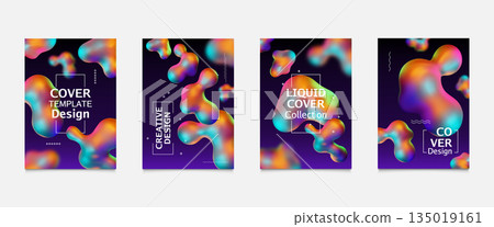 3d liquid background. Abstract gradient chrome bubble, fluid metal shapes or iridescent color splash bubbles. Holographic blob. Business minimal design. Vector isolated figures set 135019161