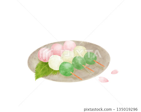 水彩插畫，描繪了櫻花花瓣和三色餃子，賞櫻，春季日式甜點 135019296