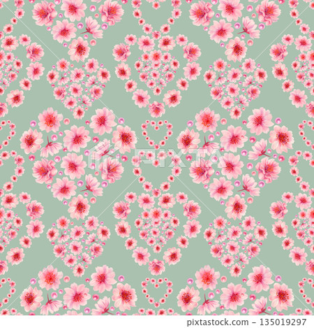 Pink floral hearts of blooming sakura flowers, shiny pearls on a green background. Watercolor seamless pattern for weddings, Valentine's Day, Mother's Day, birthdays, cards, greetings, gift wrapping Pink floral hearts of blooming sakura flowers, shiny pearls on a green background. Watercolor seamless pattern for weddings, Valentine's Day, Mother's Day, birthdays, cards, greetings, gift wrapping 135019297