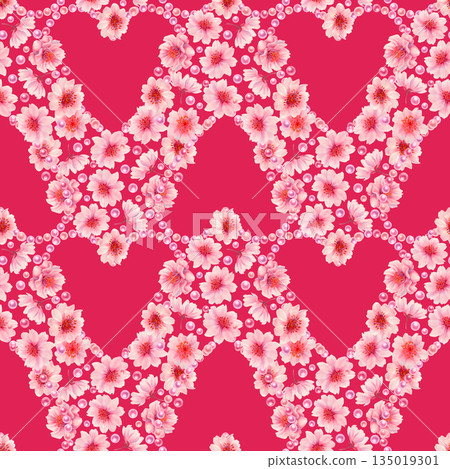 Pink floral hearts of blooming sakura flowers, shiny pearls on a red background. Watercolor seamless pattern for weddings, Valentine's Day, Mother's Day, birthdays, cards, greetings, gift wrapping 135019301
