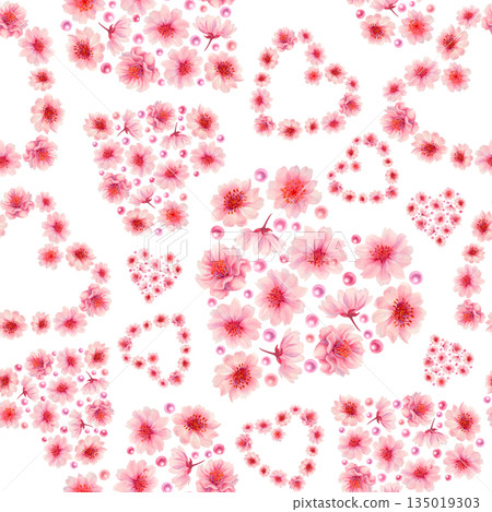 Pink floral hearts of blooming sakura flowers, shiny pearls on a white background. Watercolor seamless pattern for weddings, Valentine's Day, Mother's Day, birthdays, cards, greetings, gift wrapping 135019303
