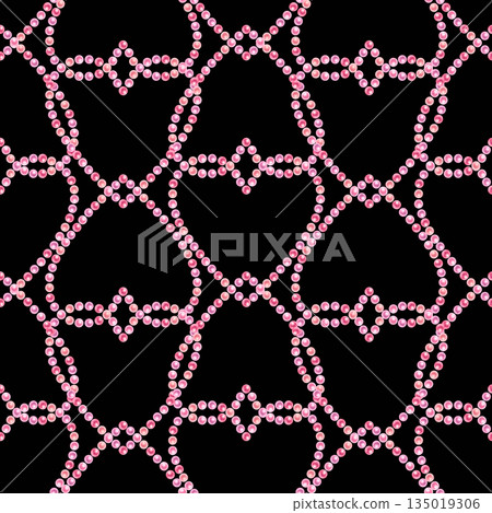 Pink floral hearts of blooming sakura flowers, shiny pearls on a black background. Watercolor seamless pattern for weddings, Valentine's Day, Mother's Day, birthdays, cards, greetings, gift wrapping 135019306