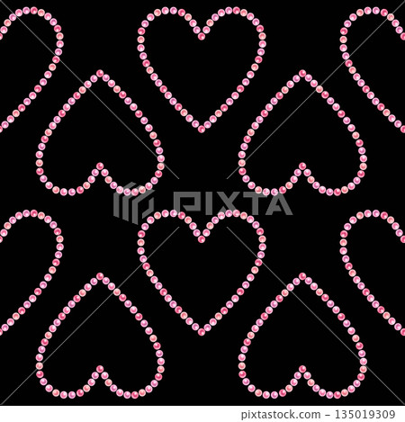 Pink floral hearts of blooming sakura flowers, shiny pearls on a black background. Watercolor seamless pattern for weddings, Valentine's Day, Mother's Day, birthdays, cards, greetings, gift wrapping 135019309