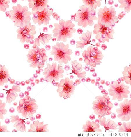 Pink floral hearts of blooming sakura flowers, shiny pearls on a white background. Watercolor seamless pattern for weddings, Valentine's Day, Mother's Day, birthdays, cards, greetings, gift wrapping Pink floral hearts of blooming sakura flowers, shiny pearls on a white background. Watercolor seamless pattern for weddings, Valentine's Day, Mother's Day, birthdays, cards, greetings, gift wrapping 135019314