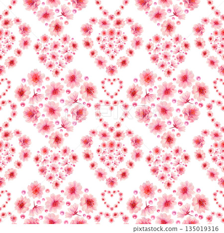 Pink floral hearts of blooming sakura flowers, shiny pearls on a white background. Watercolor seamless pattern for weddings, Valentine's Day, Mother's Day, birthdays, cards, greetings, gift wrapping 135019316