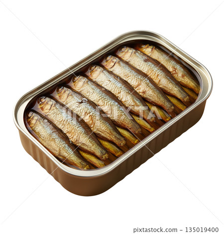 Canned sardines in oil, freshly opened with visible fish, isolated on transparent. Versatile ingredient for healthy fats, quick meals, and food styling 135019400
