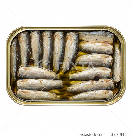 Open tin of sardines packed in olive oil, isolated on a transparent background, ideal for cooking and grocery concepts 135019401