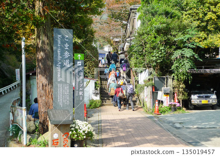 Koma-sando and a procession of climbers leading to Afuri Shrine in Mt. Oyama, Kanagawa Prefecture 135019457