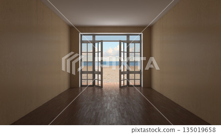 Empty Interior with Beige Plastered Walls, Dark Parquet Floor and Open Doors 135019658