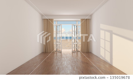 Empty Beige Room with Light Parquet floor, Beige Curtains, Open White Doors 135019678