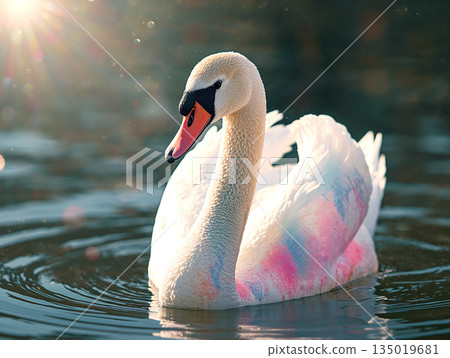 Majestic swan with unique pink and blue colored feathers floating on a lake, backlogged by warm sunlight creating a magical fairy-tale atmosphere. 135019681