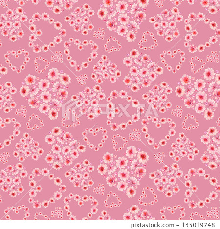 Pink floral hearts of blooming sakura flowers, shiny pearls on a purple background. Watercolor seamless pattern for weddings, Valentine's Day, Mother's Day, birthdays, cards, greetings, gift wrapping 135019748