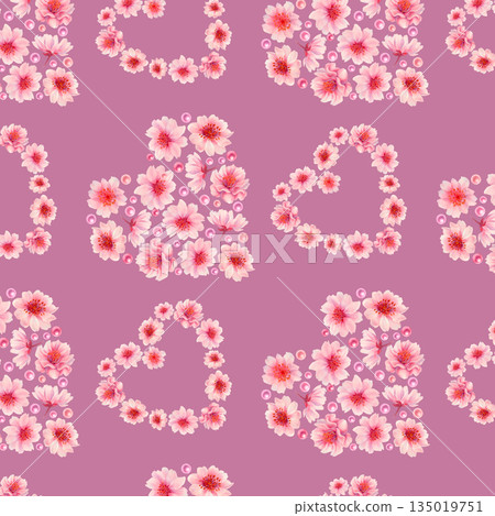Pink floral hearts of blooming sakura flowers, shiny pearls on a purple background. Watercolor seamless pattern for weddings, Valentine's Day, Mother's Day, birthdays, cards, greetings, gift wrapping 135019751