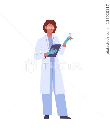 Scientist woman in lab coat holding test tube with liquid conducting medical or chemical research or analysis 135020117