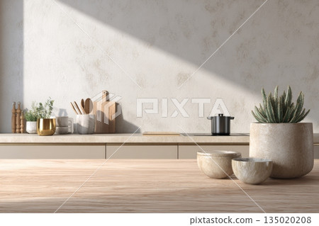 Modern minimalist kitchen with spacious layout, generated AI Modern minimalist kitchen with spacious layout, generated AI 135020208