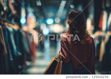 Beautiful woman shopping in supermarket and deciding what to buy, generated AI 135020238