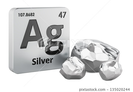 Element Ag periodic table with silver nuggets. 3D rendering 135020244