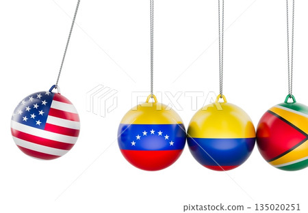 Newton cradle with USA and Venezuela flags - geopolitical concept. 3D rendering 135020251