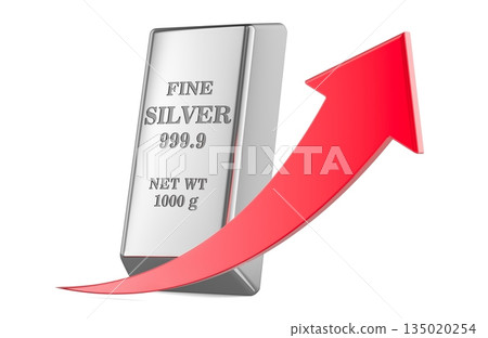 Silver price rising concept with bar and upward arrow. 3D rendering 135020254