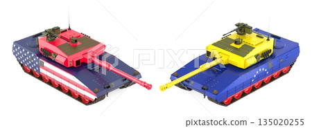 Tanks with USA and Venezuela flags facing each other, military conflict concept. 3D rendering 135020255