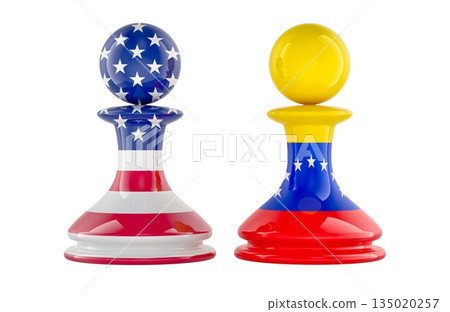 USA and Venezuela chess pawns confrontation, geopolitics strategy concept. 3D rendering USA and Venezuela chess pawns confrontation, geopolitics strategy concept. 3D rendering 135020257