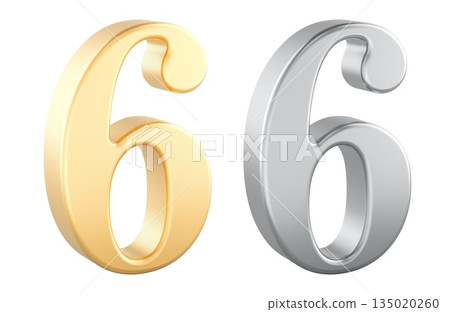 6 numbers, gold and silver. 3D rendering 6 numbers, gold and silver. 3D rendering 135020260