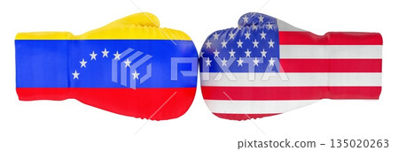 Boxing gloves with USA and Venezuela flags, political confrontation concept. 3D rendering 135020263