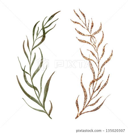 Artistic Watercolor Representations Of Green And Gold Branches Enhancing Wedding And Branding Aesthetics 135020307