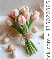 fresh tulip bouquet and easter eggs on the table, generative ai 135020365