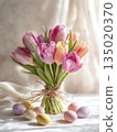 fresh tulip bouquet and easter eggs on the table, generative ai 135020370