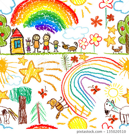 Cute kid doodle pattern. Seamless background with children's drawings. Hand drawn. Not AI, vector illustration. 135020510