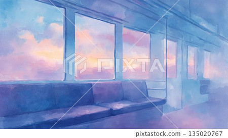 水彩風景插畫，描繪了廣闊的日落天空和火車車廂內部。 135020767