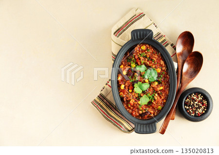 Traditional Mexican Beef Chili Con Carne with Beans and Corn 135020813