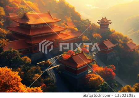 Red-Roofed Temple Amidst Autumn Foliage on Sacred Mountain 135021082