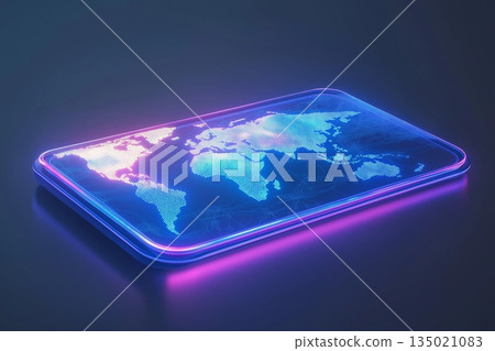 Futuristic Smartphone with Holographic World Map Projection: Innovation and Connectivity Futuristic Smartphone with Holographic World Map Projection: Innovation and Connectivity 135021083