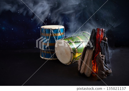 Lohri festival celebrating with dhol drums and bonfire smoke Lohri festival celebrating with dhol drums and bonfire smoke 135021137