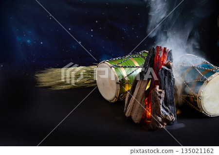 Lohri bonfire concept with dhol drums and wheat Lohri bonfire concept with dhol drums and wheat 135021162